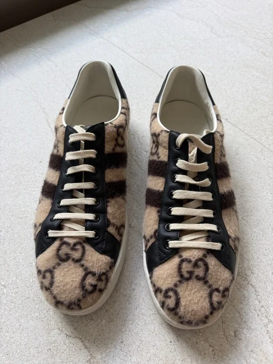 Gucci Wool GG Stripe Low-Top Sneakers - Beige, Brown & Black - Picture 1 of 4